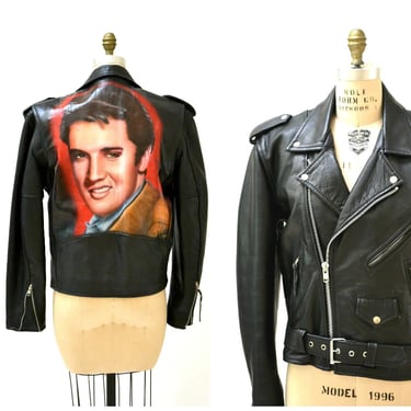 Vintage Black Leather Jacket Elvis Presley //Vintage Leather Jacket LA Roxx Carlos Cartegena Rock and Roll Music Air Brushed Painted 