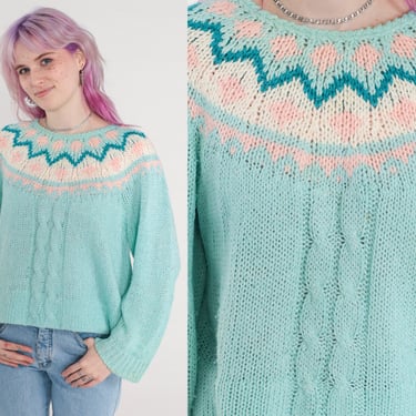 Vintage Icelandic Sweater 90s Pastel Blue Sweater Pink Cable Knit Boho Sweater Ski Sweater Bohemian Fair Isle Sweater 1990s Knit Large L 