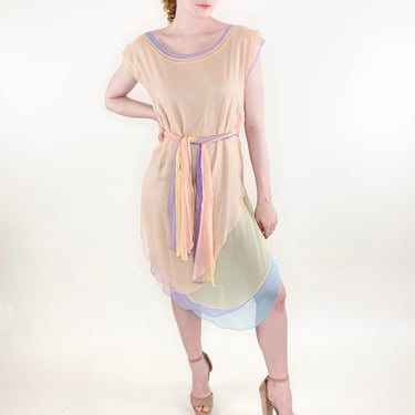 Giorgio Sant Angelo Resort 1983/1984 Multi Pastel Color Chiffon Dress W Belt 