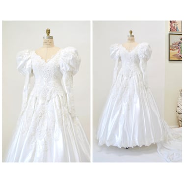 Vintage 80s 90s Wedding Dress GOWN White Sequin Beaded Princess Gown Dress XS Small Long poof Sleeve Sequin Beaded Fringe Bow Princess Gown 