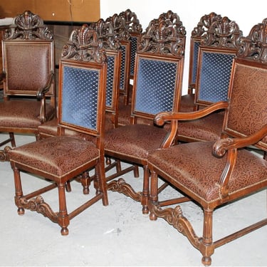 Antique Chairs, French, Set of 12, Carved Walnut, Leather, Fabric, Side, Arm!!