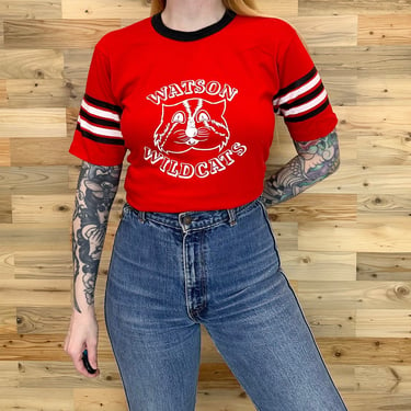 70's Vintage Retro Watson Wildcats Striped Sleeve Tee Shirt T-Shirt 