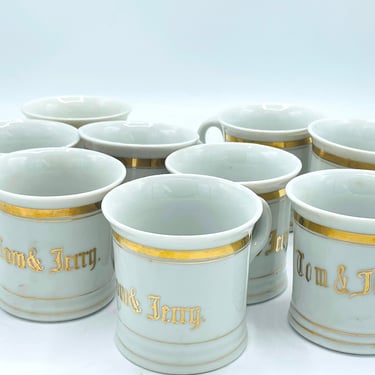 Vintage (9) Tom And Jerry Cocktail Mugs Hand Painted Gold Porcelain Made In Japan 
