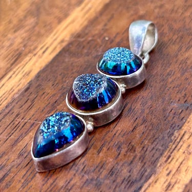 Vibtage Sterling Silver Blue Druzy Quartz Pendant Handmade Jewelry 