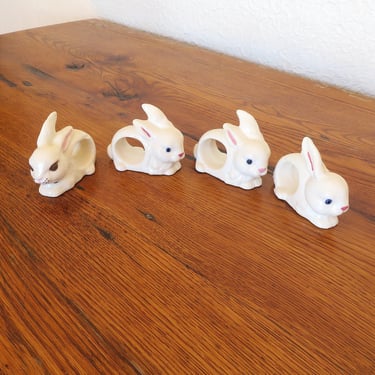 Vintage Hand Painted Ceramic Bunny Rabbit Napkin Rings Set of 4 Easter 