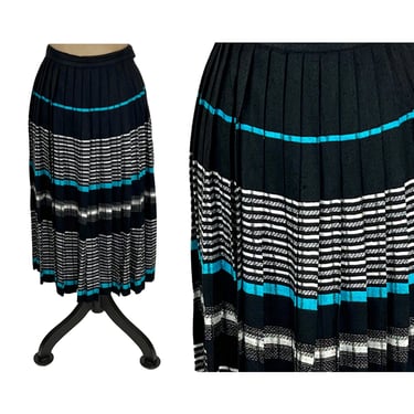 XS ~ 80s High Waist Pleated Midi Skirt A Line Tweed Colorblock Stripe Black White Aqua 1980s Clothes Women Vintage EVAN PICONE Petite Size 2 