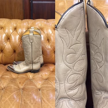 Vintage 1980’s, Beige Leather Cowboy Boots, Western Stitching Design, Rockabilly Boots, Vintage Boots, 1980’s Boots 