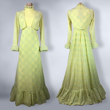 VINTAGE 70s Yellow Flocked Plaid Organza Maxi Dress and Jacket Set Open Back | 1970s Hostess Gown Outfit Long Dress | VFG 