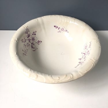 Dresden China wash basin - vintage purple and white floral transferware bowl 