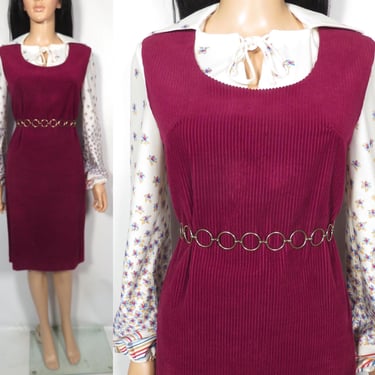 Vintage 60s Cranberry Corduroy Shift Dress Union Label Made In USA Size S 