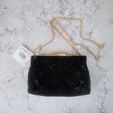 Vintage Valerie Stevens Beaded Black Purse with Gold Chain & Tag 