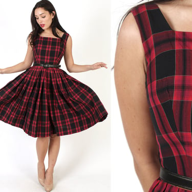 50s Suzy Perette Full Circle Skirt Dress, Vintage Designer Holiday Party Gown, Mid Century Modern Buffalo Plaid Frock 