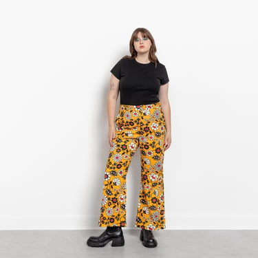 70S FLORAL PANTS FLARES Bell Bottoms Vintage Handmade Yellow Flower Print High Waist / 44.5 Inch Hips / Size 14 