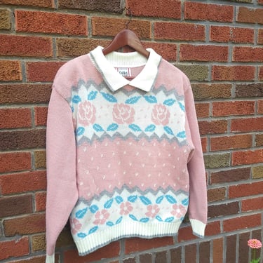 Vintage 1990's Acrylic Knit Polo Floral Patterned Pink Sweater / M to L 