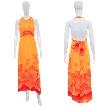 1970's Penneys Hawaii Orange Tiki Halter Maxi Dress Size S