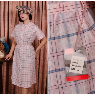 1950s Dress - NOS Crisp Cotton Vintage Late 50s or Early 60s Volup Day Dress in Pink Plaid Plus Size XXL 