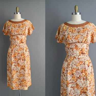 vintage 1950s Brown & Orange Floral Print Wiggle Dress - Large 