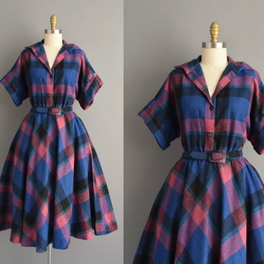 1980s dress | Purple & Blue Plaid Print Sweeping Full Skirt Shirtwaist Dress | Large | 80s vintage dress 