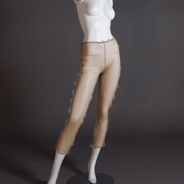 S/S 2000 Fendi by Karl Lagerfeld rare runway designer sheer nude beige silk chiffon pants with ruffle trim and waist 