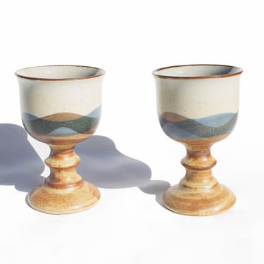 Vintage Set of 2 Ceramic Goblets, Stoneware Goblets, Wine Glasses 