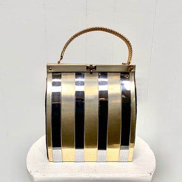 Vintage 1950s Goldstrom Gold/Silver Tone Metal Strip Handbag, Mid-Century Metallic Top Handle Purse 