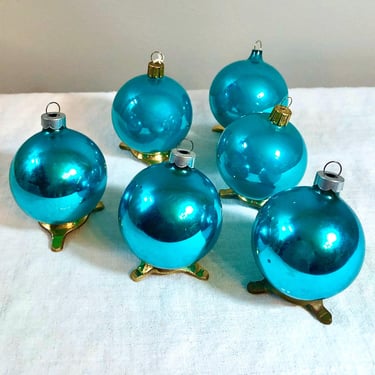 6 Vintage Glass, Turquoise Blue Glass Christmas Tree Ornaments - Chippy, Shiny Brite, Balls or Orbs, Feather Tree, Holiday Decor Decorations 