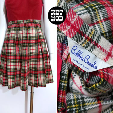 Sassy Vintage 60s 70s Red Olive Green & Off-White Plaid Pleated Mini Skirt by Bobbie Brooks 