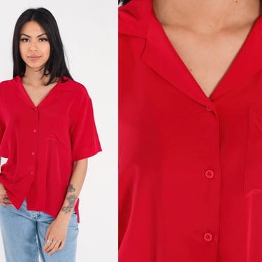 Red Silk Blouse 90s Button Up Shirt Retro Plain Simple Short Sleeve Top Chest Pocket Preppy Basic Button Down Minimal Vintage 1990s Medium M 