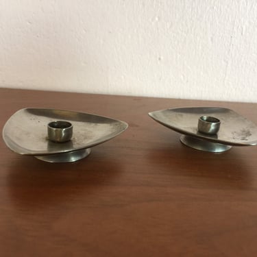 Vintage Mid Century Pair Triangular Stainless Steel Candle Holders 