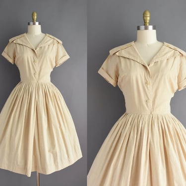 1950s dress | Dyanne Beige Gingham Print Full Skirt Cotton Shirt Dress | Medium | 50s vintage dress 