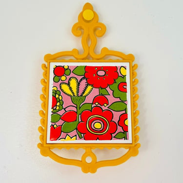 Vintage 1960s MCM Flower Power Ceramic Tile Wall Hanging Art Trivet Hot Plate Cherry Japan Decor 
