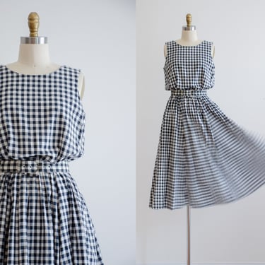 cute cottagecore dress | 80s vintage Talbot's black white gingham checkered plaid fit and flare flowy cotton midi dress 