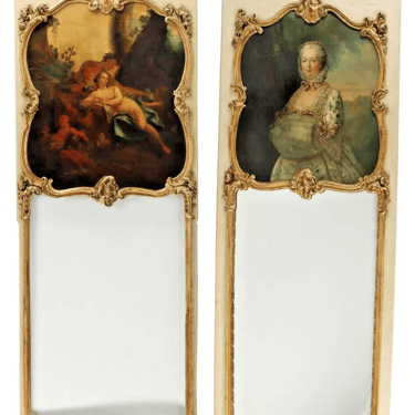 Mirrors, (2) Exceptional French Parcel Gilt &amp; Painted Trumeau, Vintage / Antique