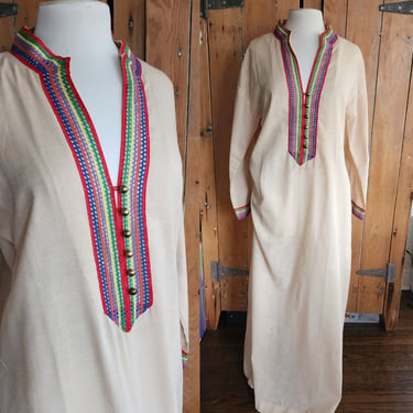 70s Beige Maxi Caftan Dress Maxi Embroidered Lounger Sears 