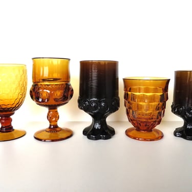 Mismatched Smoke And Amber Color Glasses, Set Of 5 Glass Goblets, Mixed Collection Of Colored Glasses For Wedding Table Decor 