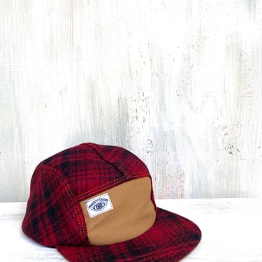 Handmade Baseball Cap, Wool 5 Panel Camp Hat, Five Panel Snapback hat 5panel Red and Black Buffalo Plaid Hat, Gift for Him, Vermont gift 