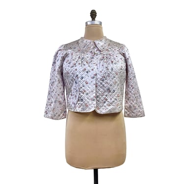 Vintage 1940s Quilted Satin Floral Bed Jacket w/Puffed Sleeves, 40s Volup Boudoir, XL-1X Up to 46