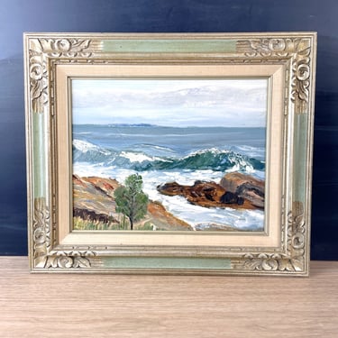 Lone Pine rocky coast of Maine seascape painting - 1960s vintage 
