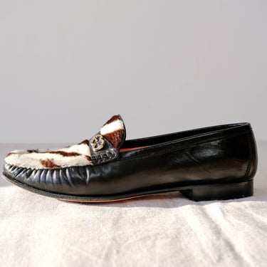 Vintage Escada Black Leather & Zebra Pony Hair Loafers w/ Silver Metal Logo Accent | Made in Italy | Size 9.5 | 1990s Y2K Designer Shoes 
