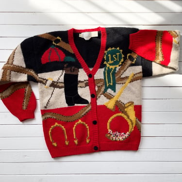 red wool sweater 90s vintage The Eagle's Eye horse rider equestrian hand knit wool cardigan 