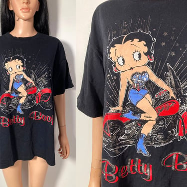Vintage Y2K 90s Bootleg Betty Boop Sparkle Motorcycle Tee All Cotton Made In USA Size L 