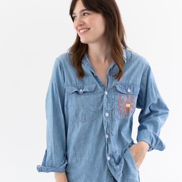 Vintage Chambray Long Sleeve Shirt | Unisex Embroidered 70s Big Mac Single Needle Tailoring Lightweight Cotton Oxford Blouse Workwear | S | 