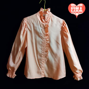 Cute Vintage 70s 80s Pastel Orange Long Sleeve Cotton Blouse with Ruffles 