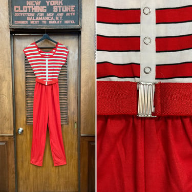 Vintage 1980’s Deadstock New Wave Stripe Knit Belted Scoop Neck Jumpsuit Outfit, Vintage Jumpsuit, New Wave, 1980’s, 1990’s, NOS, Striped, 