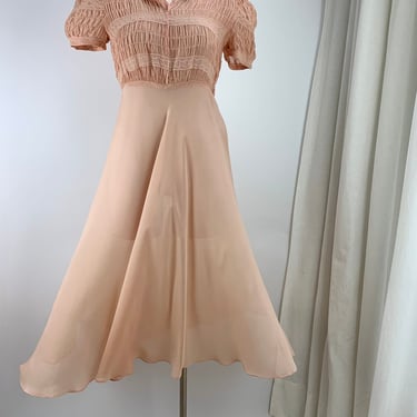 1930's Silk Chiffon Dress - Beautiful Rushing Details - Flouncy Bell Shaped Skirt - Size Small - 28 Inch Waist 