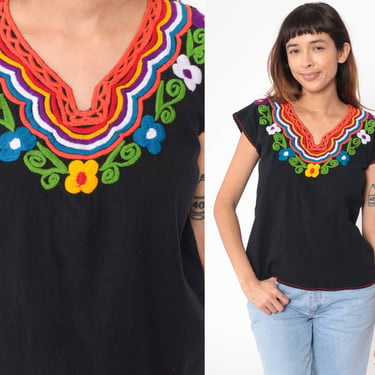 Mexican Floral Blouse 90s Black Embroidered Top Peasant Hippie Short Sleeve Shirt Summer Boho Festival Vintage 1990s Medium 
