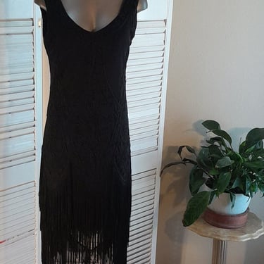 Vintage Black Flapper Dress Black 20s style / Deco Soutache Pattern / Party Fringe  M 