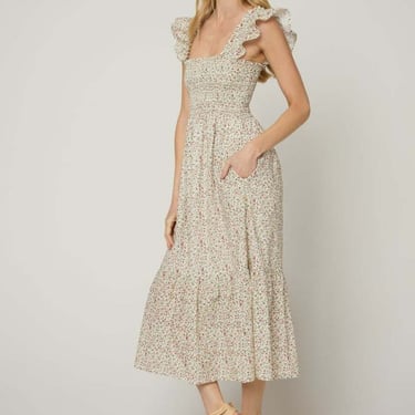 The Standard Stitch Flounce Smocked Midi Dress - Ivory Floral