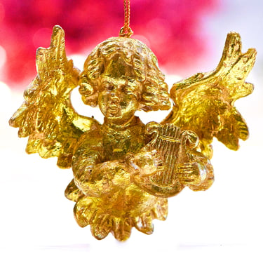 VINTAG: Gold Foiled Resin Angel Ornament - Angle Playing Harp - Holiday, Christmas, Xmas - Musician Angel - SKU 15-E1-00033246 