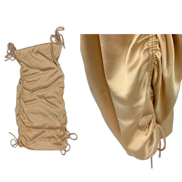 Y2K Beige Satin Mini Dress XS | Ruched Champagne Gold Silky Slip Dress with Spaghetti Straps | Short Sexy Club Clothes Women Size 0 